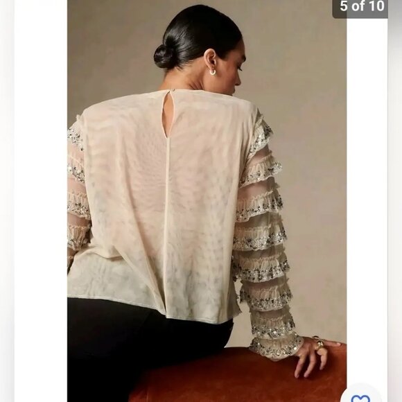 LetMeBe Anthropologie Silver Sequins Taupe Tulle Ruffles Blouse Size M - Picture 6 of 7